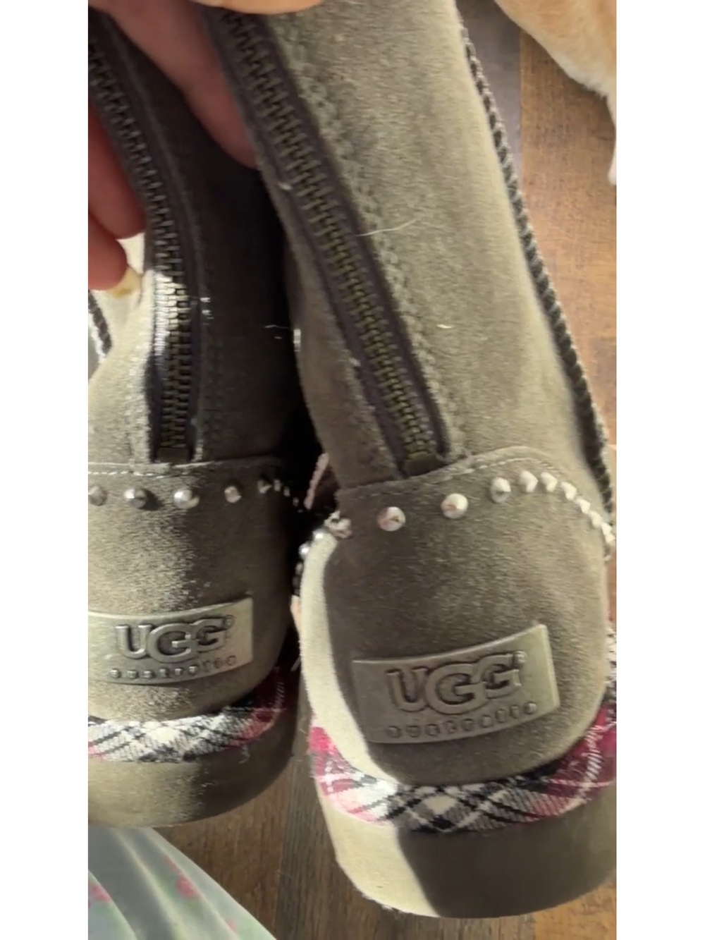 UGG PRELOVED! Gray Suede Zip-Back Shearling Boots with Plaid Trim - Picture 2 of 5
